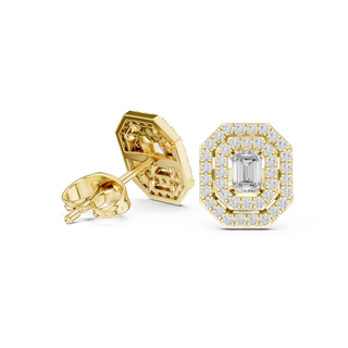 Pair Shot: Emerald Cut Diamond Earrings with Halo Setting in 14k Yellow Gold - Lab Grown - Driona Jewels