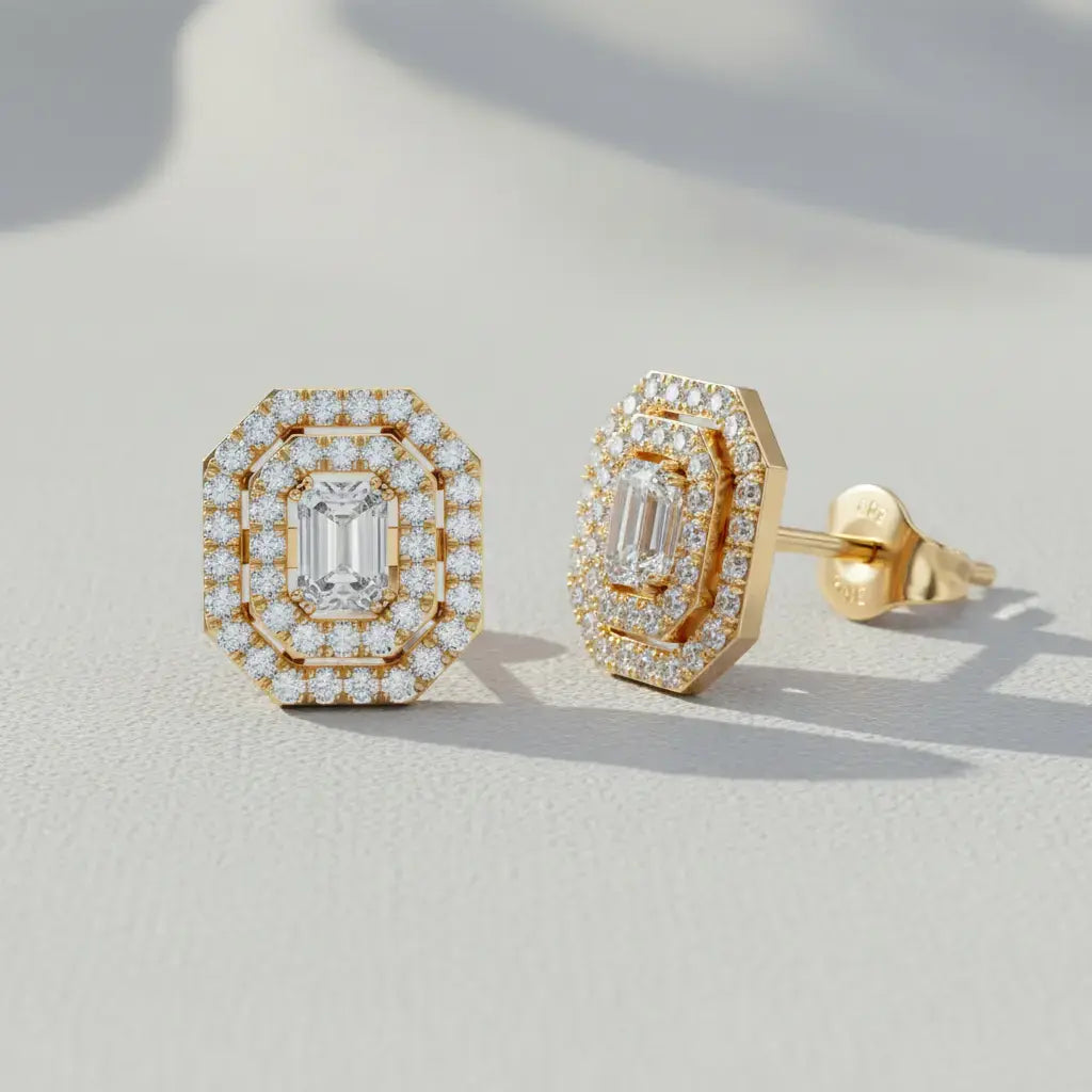 Pair Shot: Emerald Cut Diamond Earrings with Halo Setting in 14k Yellow Gold - Lab Grown - Driona Jewels