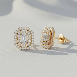 Pair Shot: Emerald Cut Diamond Earrings with Halo Setting in 14k Yellow Gold - Lab Grown - Driona Jewels