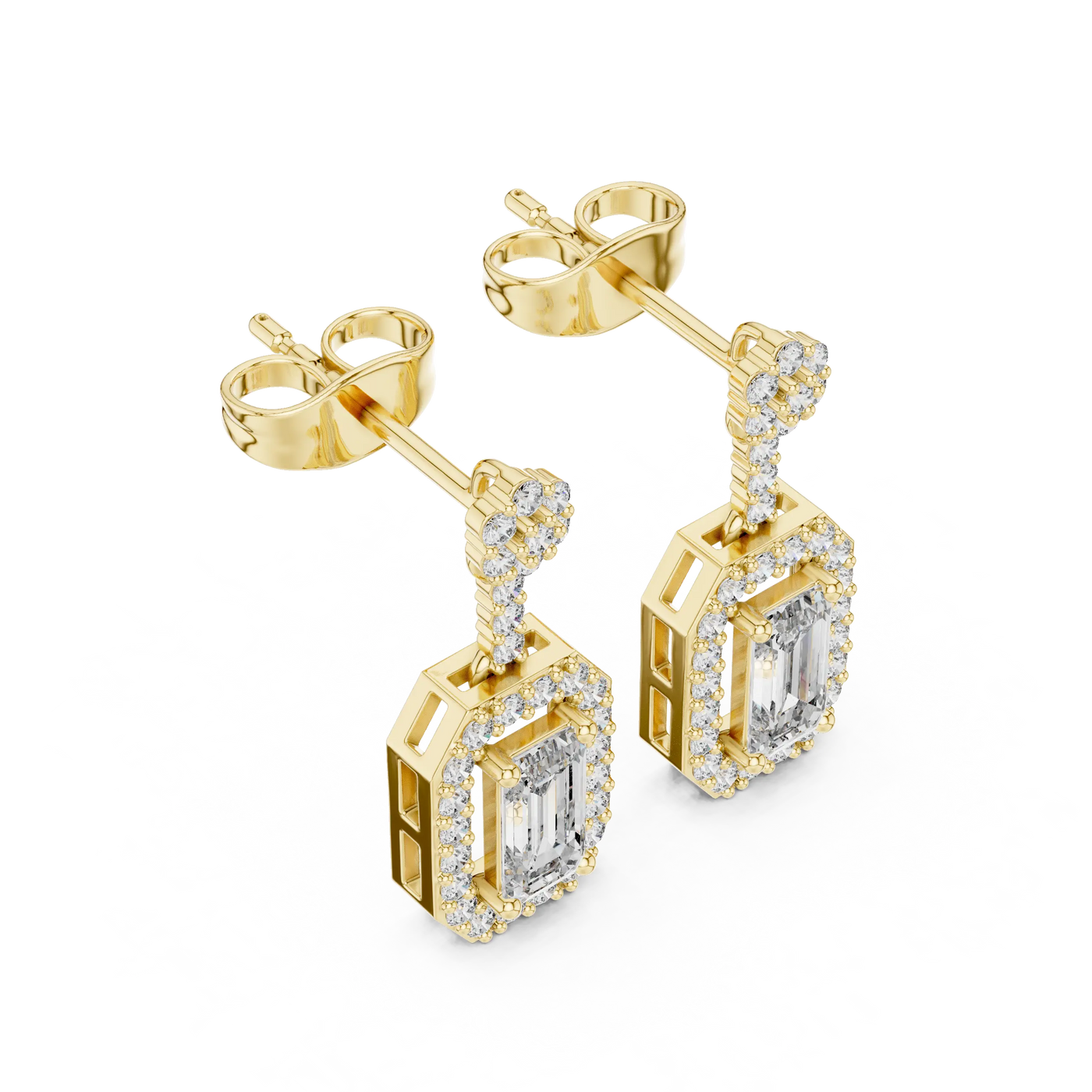 Pair Shot: Emerald Cut Diamond Earrings with Halo Setting in 14k Yellow Gold - Lab Grown - Driona Jewels