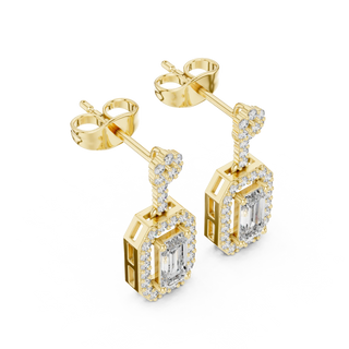 Pair Shot: Emerald Cut Diamond Earrings with Halo Setting in 14k Yellow Gold - Lab Grown - Driona Jewels