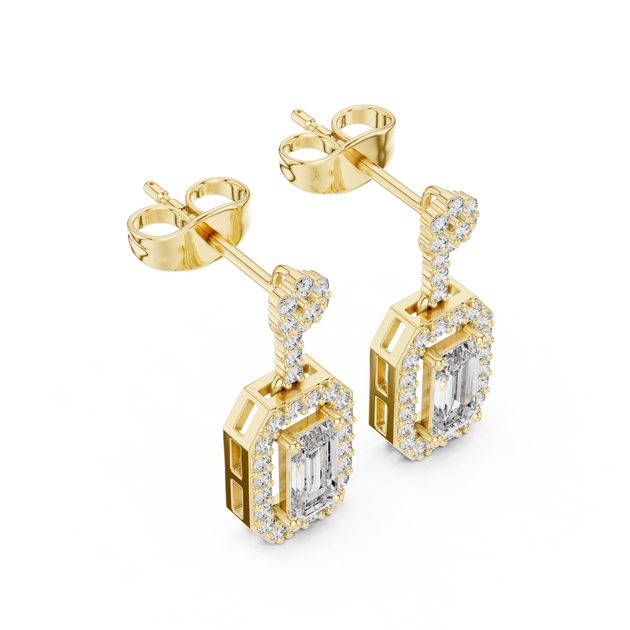 Pair Shot: Emerald Cut Diamond Earrings with Halo Setting in 14k Yellow Gold - Lab Grown - Driona Jewels