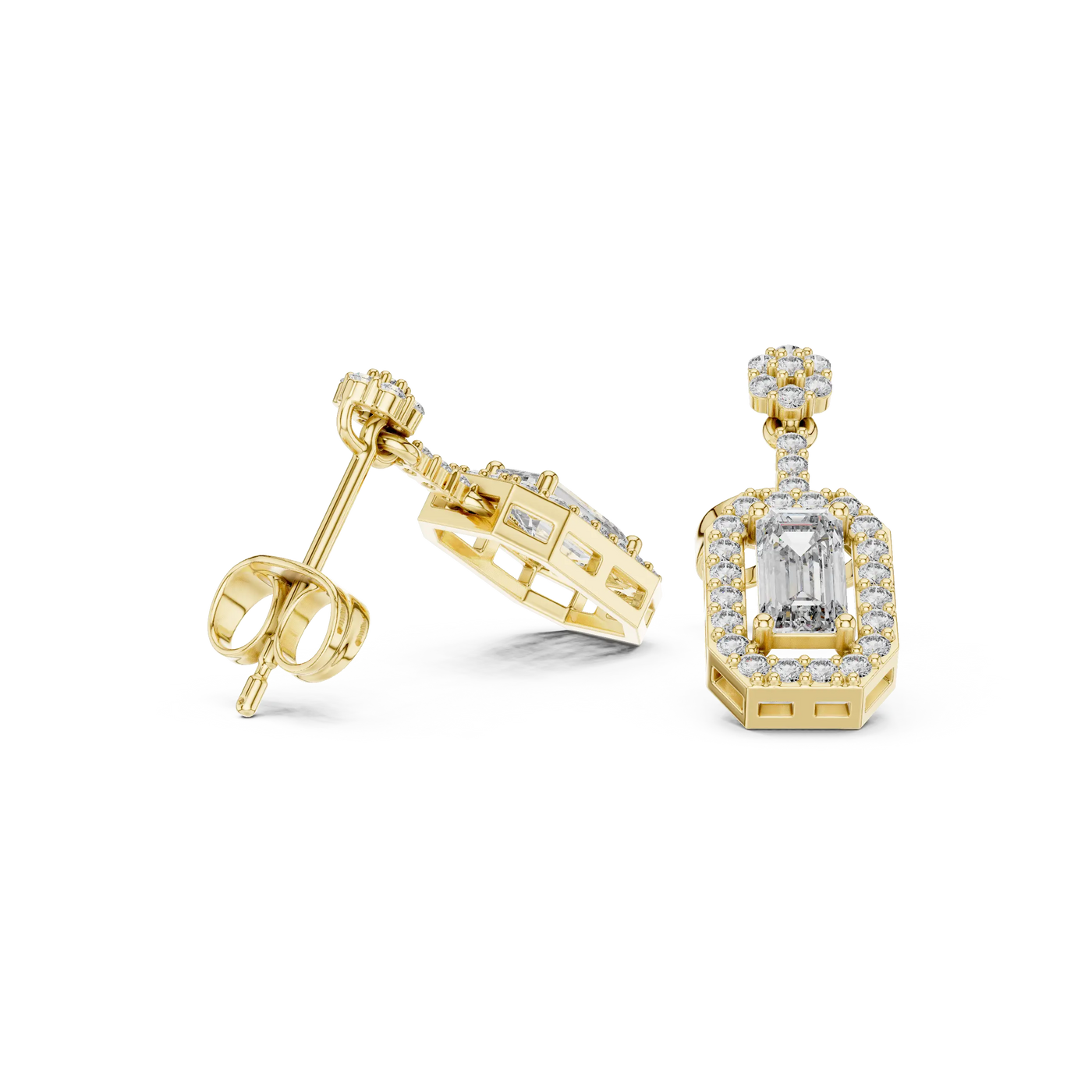 Pair Shot: Emerald Cut Diamond Earrings with Halo Setting in 14k Yellow Gold - Lab Grown - Driona Jewels