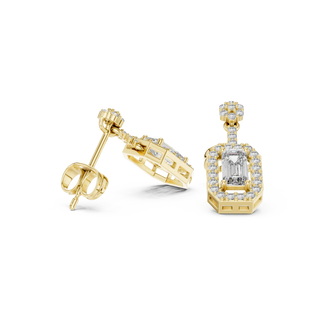Pair Shot: Emerald Cut Diamond Earrings with Halo Setting in 14k Yellow Gold - Lab Grown - Driona Jewels