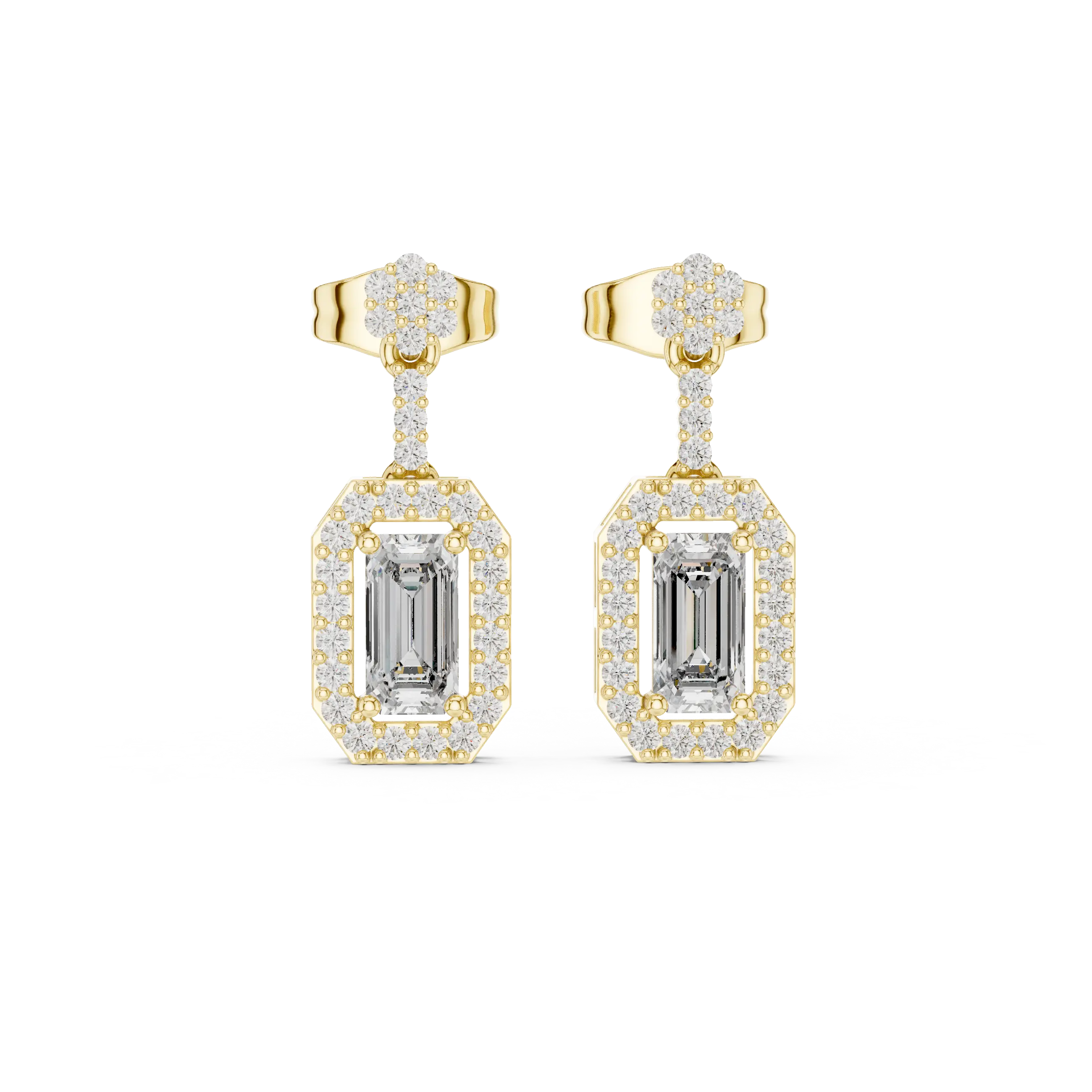 Pair-Shot: Emerald Cut Diamond Earrings with Halo Setting in 14k Yellow Gold - Lab Grown - Driona Jewels