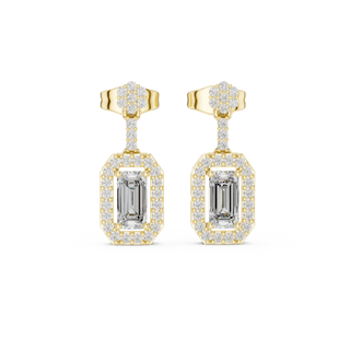 Pair-Shot: Emerald Cut Diamond Earrings with Halo Setting in 14k Yellow Gold - Lab Grown - Driona Jewels