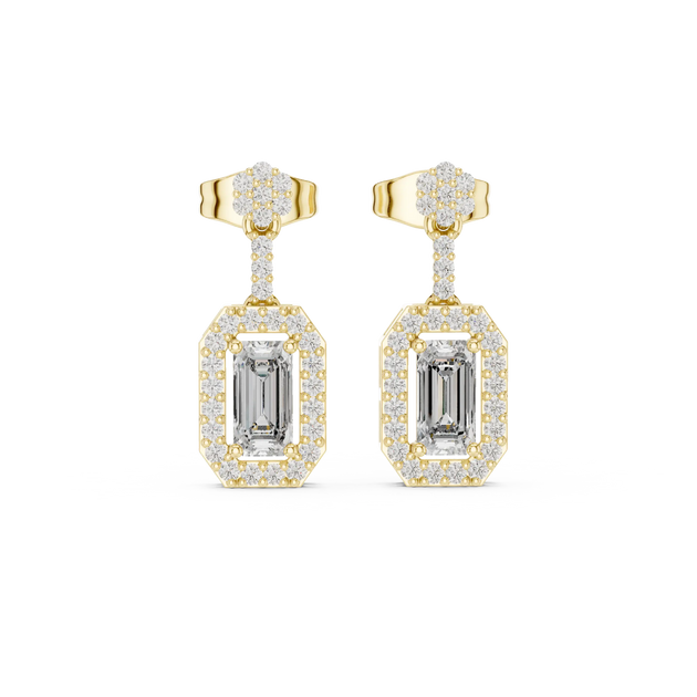 Pair-Shot: Emerald Cut Diamond Earrings with Halo Setting in 14k Yellow Gold - Lab Grown - Driona Jewels
