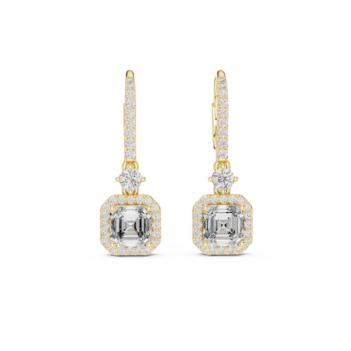 Pair Shot: Emerald Cut Diamond Earrings with Halo Setting in 14k Yellow Gold - Lab Grown - Driona Jewels