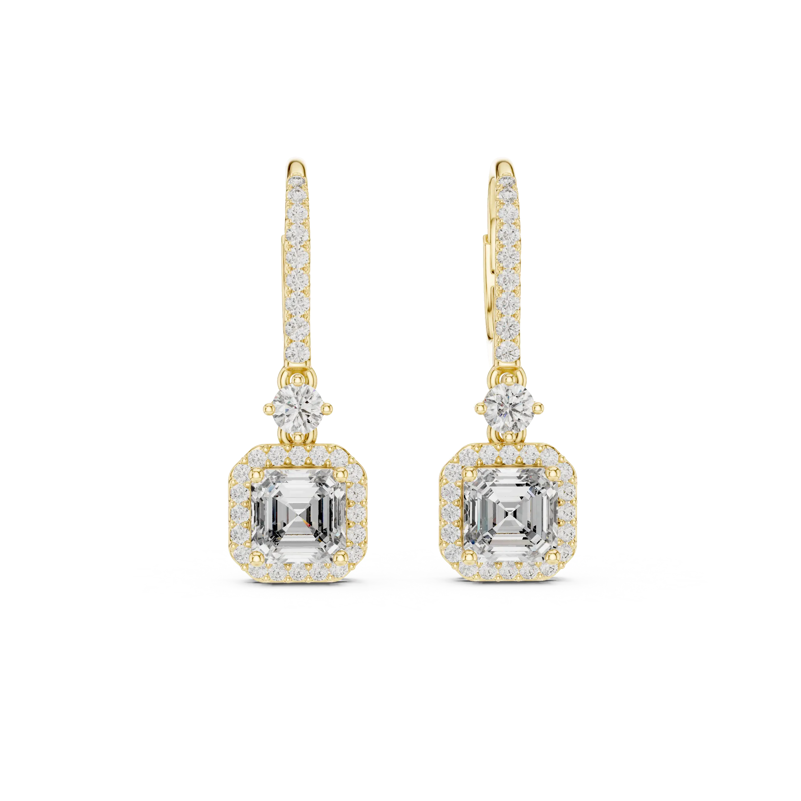 Pair Shot: Emerald Cut Diamond Earrings with Halo Setting in 14k Yellow Gold - Lab Grown - Driona Jewels