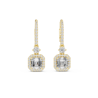 Pair Shot: Emerald Cut Diamond Earrings with Halo Setting in 14k Yellow Gold - Lab Grown - Driona Jewels