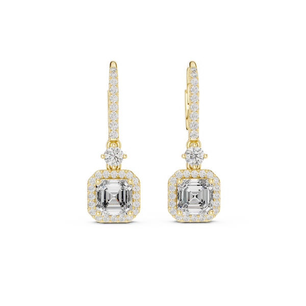 Pair Shot: Emerald Cut Diamond Earrings with Halo Setting in 14k Yellow Gold - Lab Grown - Driona Jewels