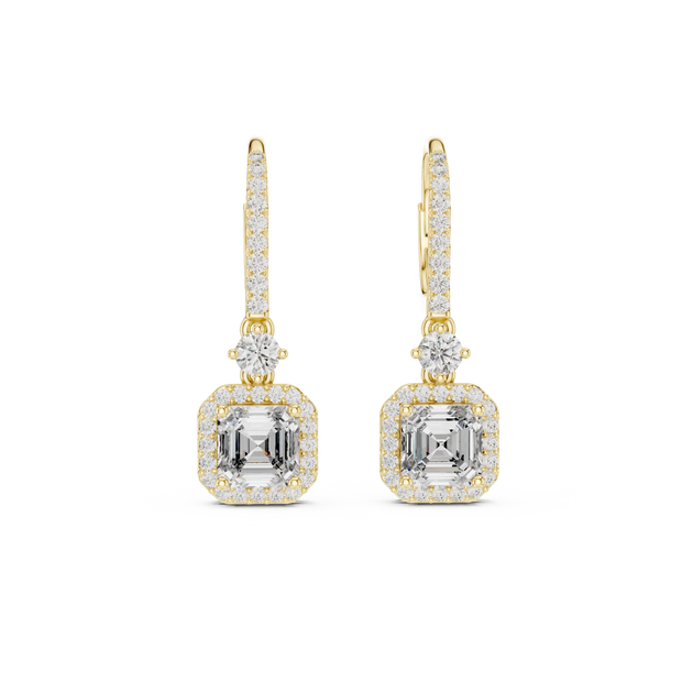 Pair Shot: Emerald Cut Diamond Earrings with Halo Setting in 14k Yellow Gold - Lab Grown - Driona Jewels