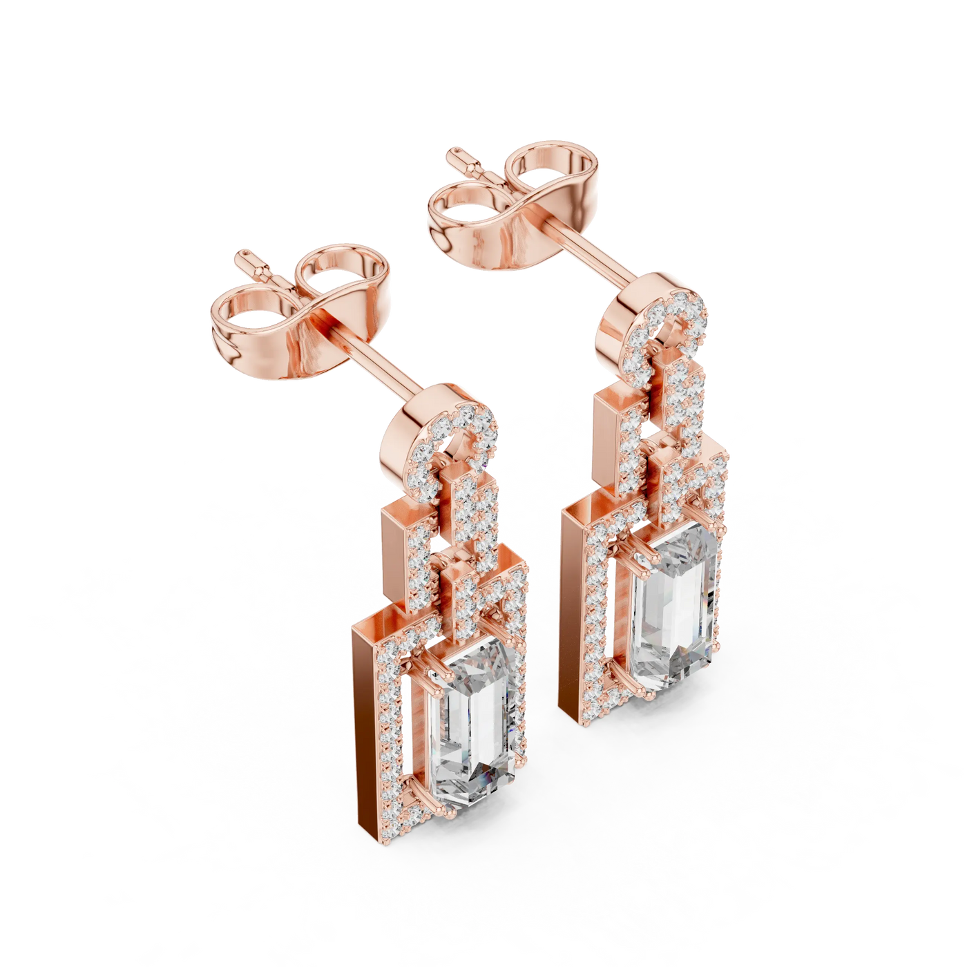 Pair Shot: Emerald Cut Diamond Earrings with Pave Setting in 14k Rose Gold - Lab Grown - Driona Jewels