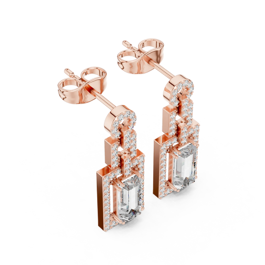 Pair Shot: Emerald Cut Diamond Earrings with Pave Setting in 14k Rose Gold - Lab Grown - Driona Jewels