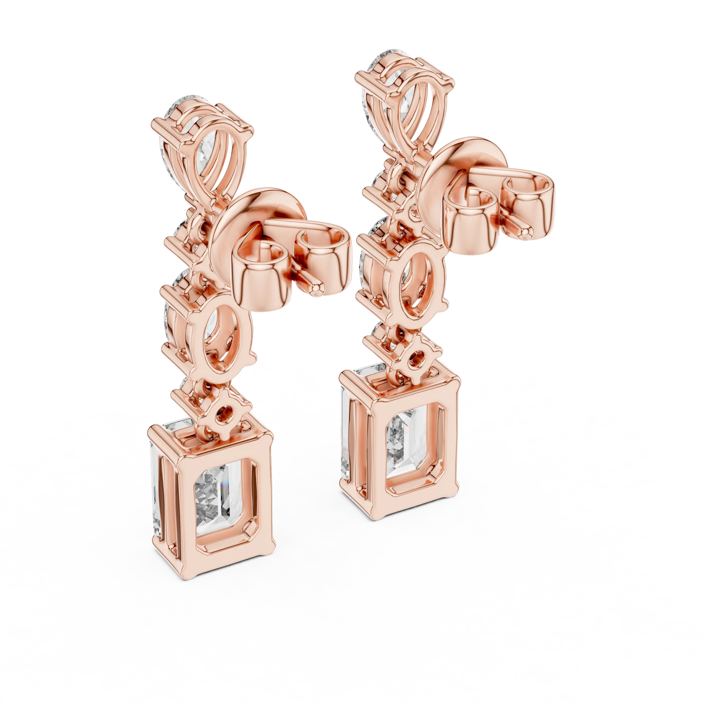 Pair-Shot: Emerald Cut Diamond Earrings with Pave Setting in 14k Rose Gold - Lab Grown - Driona Jewels