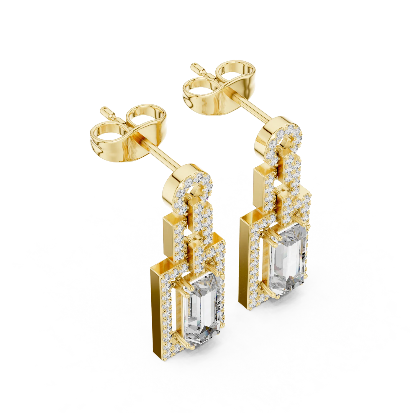 Pair Shot: Emerald Cut Diamond Earrings with Pave Setting in 18k Yellow Gold - Lab Grown - Driona Jewels