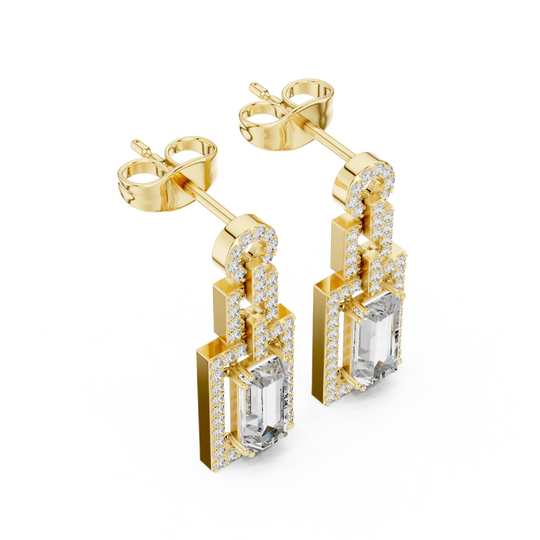 Pair Shot: Emerald Cut Diamond Earrings with Pave Setting in 18k Yellow Gold - Lab Grown - Driona Jewels