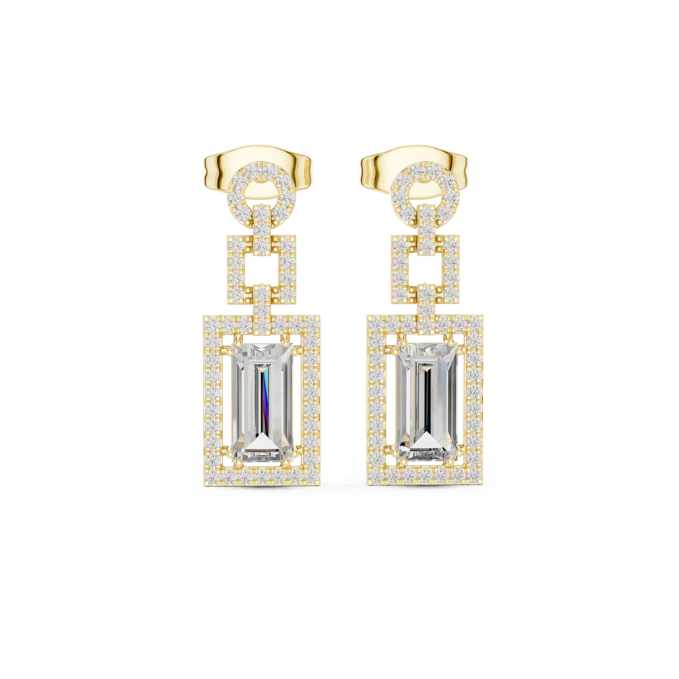 Pair-Shot: Emerald Cut Diamond Earrings with Pave Setting in 18k Yellow Gold - Lab Grown - Driona Jewels