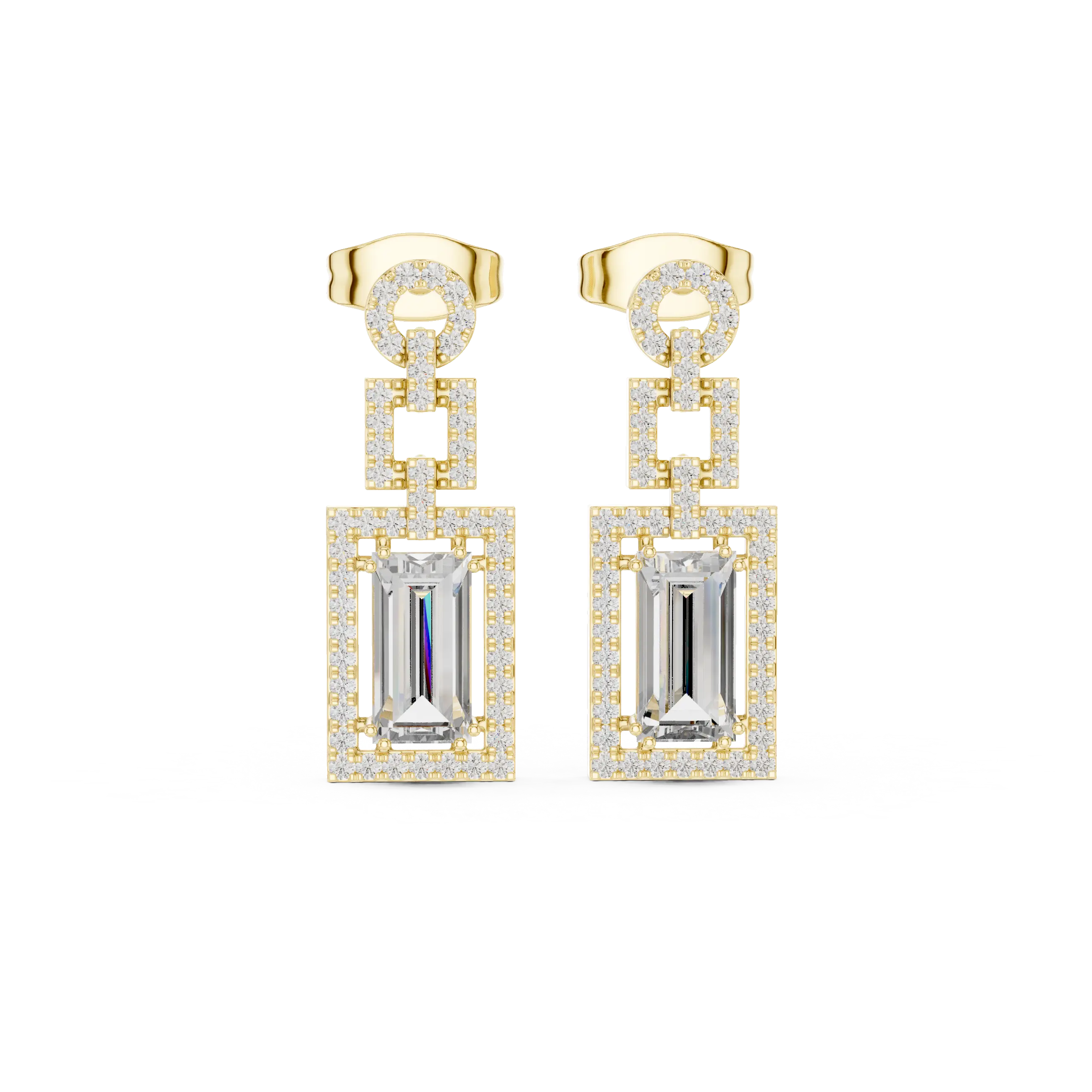 Pair-Shot: Emerald Cut Diamond Earrings with Pave Setting in 18k Yellow Gold - Lab Grown - Driona Jewels