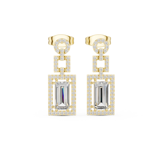 Pair-Shot: Emerald Cut Diamond Earrings with Pave Setting in 18k Yellow Gold - Lab Grown - Driona Jewels
