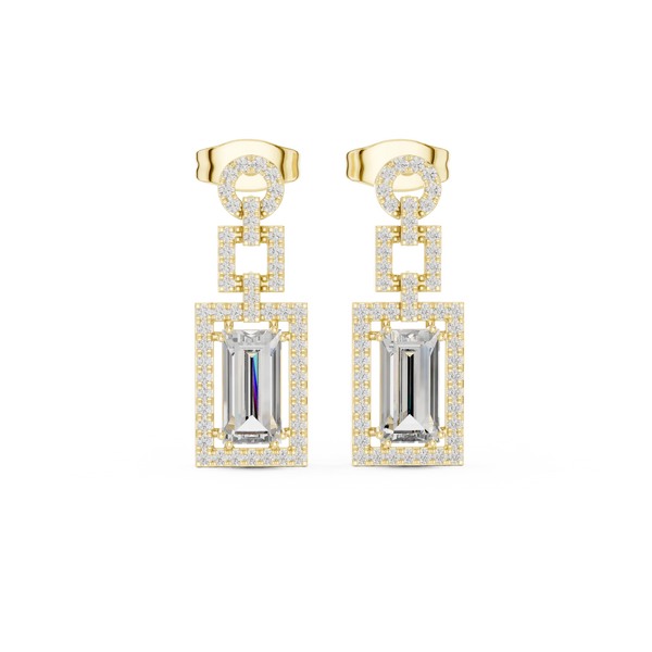 Pair-Shot: Emerald Cut Diamond Earrings with Pave Setting in 18k Yellow Gold - Lab Grown - Driona Jewels