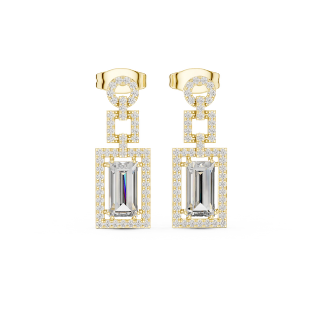 Pair-Shot: Emerald Cut Diamond Earrings with Pave Setting in 18k Yellow Gold - Lab Grown - Driona Jewels