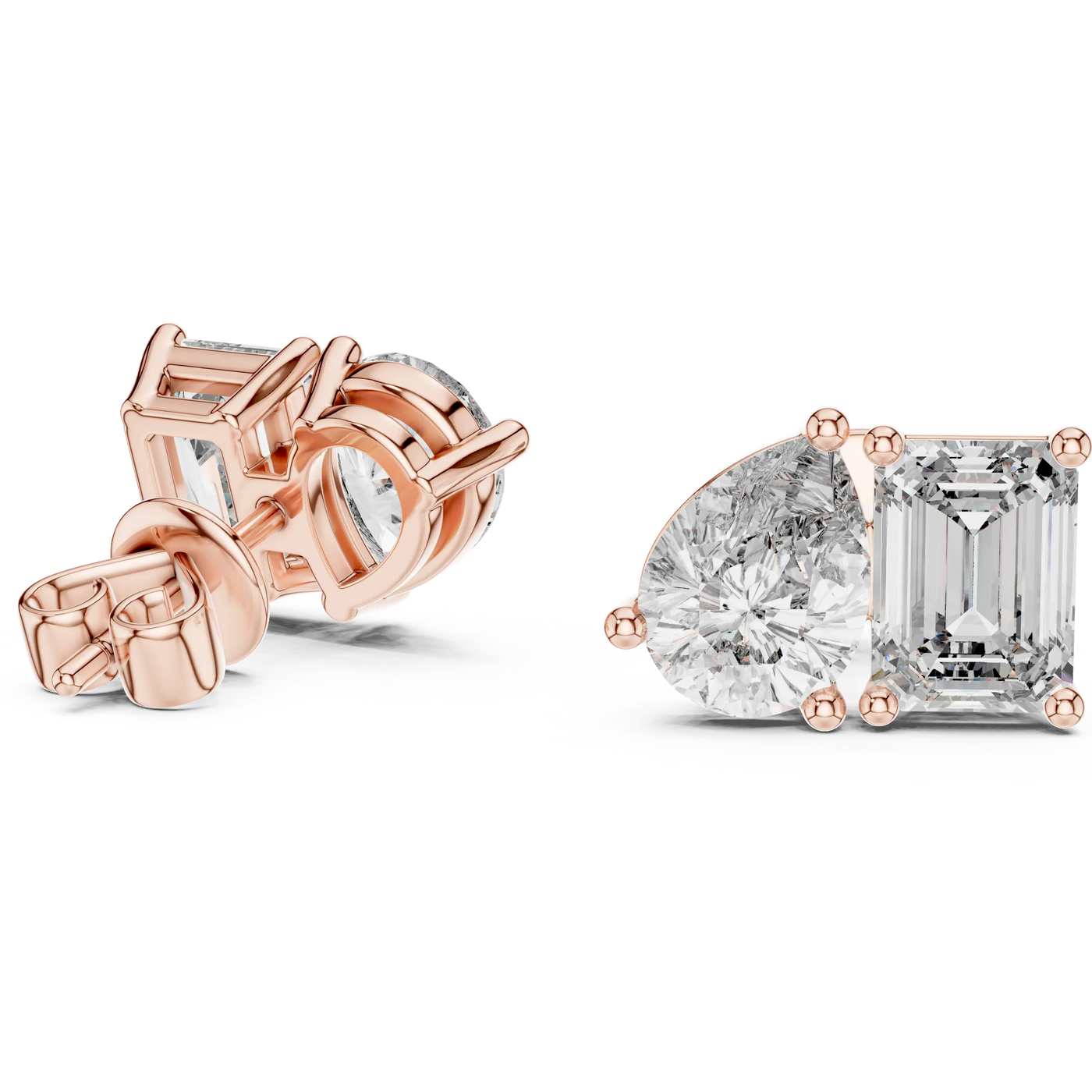 Pair-Shot: Emerald Diamond Earrings with Prong Setting in 14k Rose Gold - Lab Grown - Driona Jewels