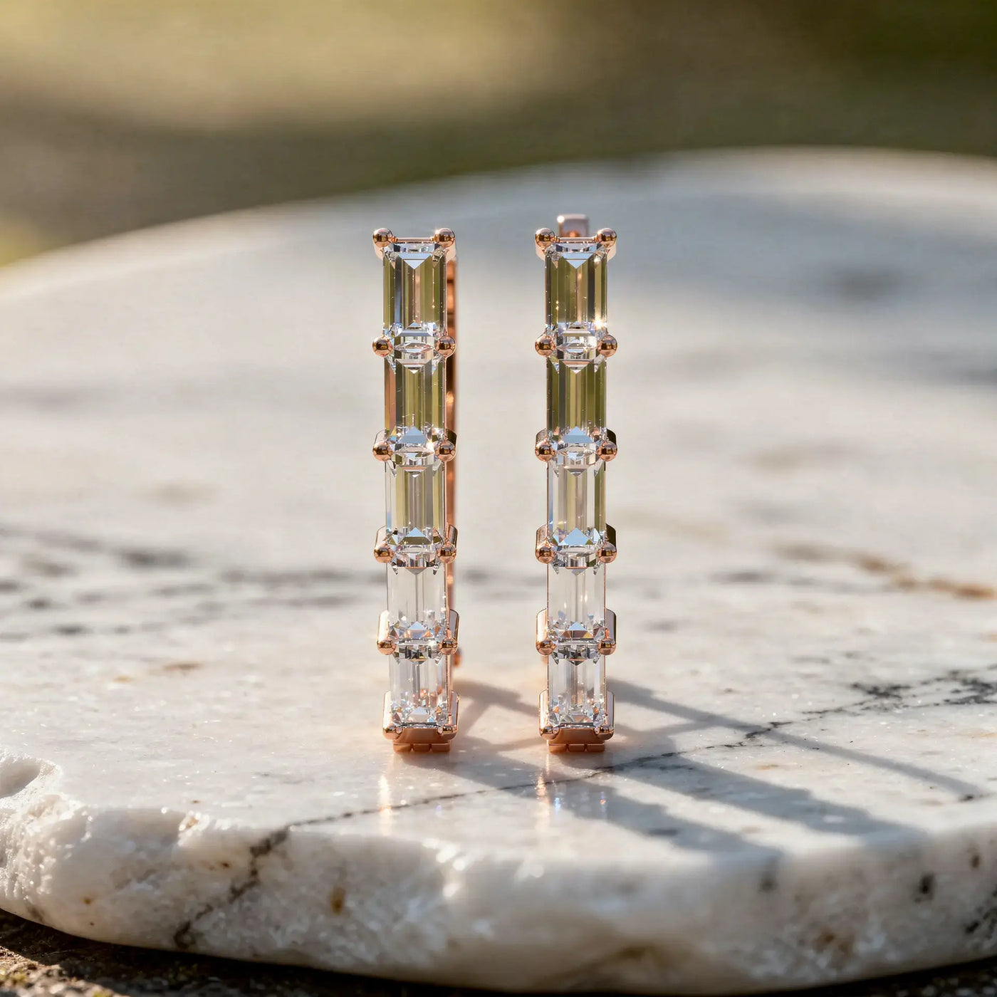 Pair-shot: Emerald Cut Diamond Earrings with Prong Setting in 14k Rose Gold - Lab Grown - Driona Jewels