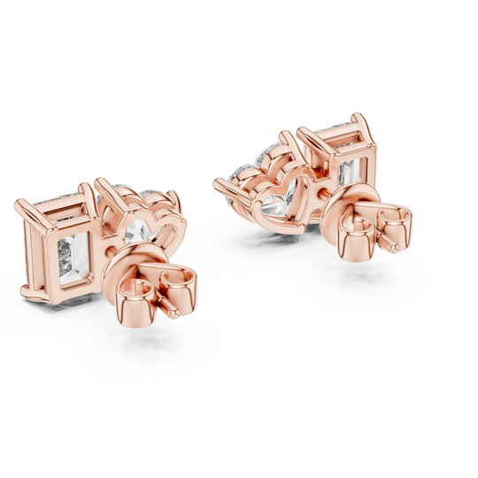 Pair-Shot: Emerald Cut Diamond Earrings with Prong Setting in 14k Rose Gold - Lab Grown - Driona Jewels