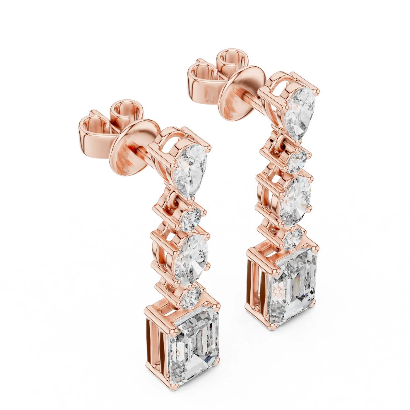 Pair-Shot: Emerald Cut Diamond Earrings with Prong Setting in 14k Rose Gold - Lab Grown - Driona Jewels
