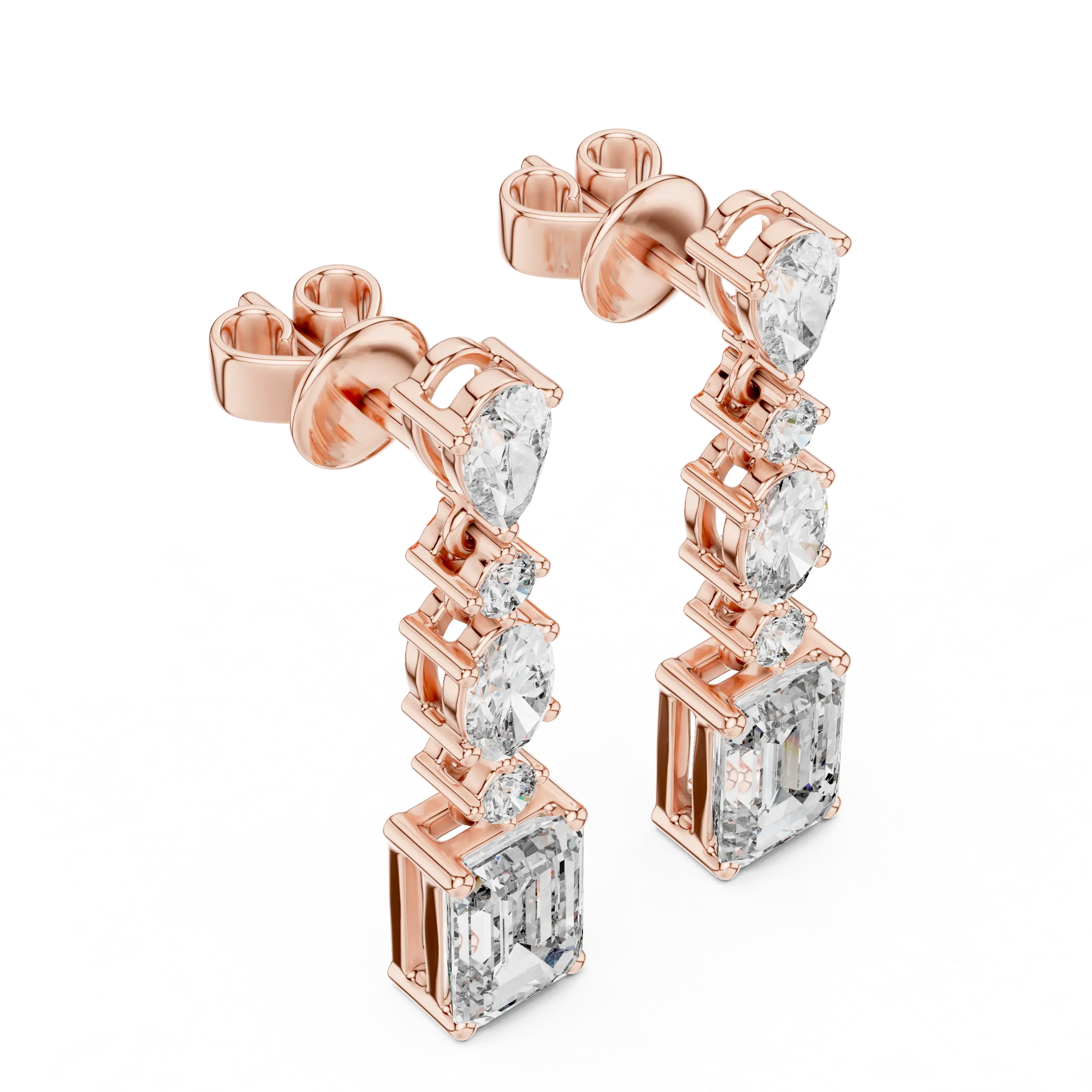 Pair-Shot: Emerald Cut Diamond Earrings with Prong Setting in 14k Rose Gold - Lab Grown - Driona Jewels