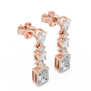 Pair-Shot: Emerald Cut Diamond Earrings with Prong Setting in 14k Rose Gold - Lab Grown - Driona Jewels