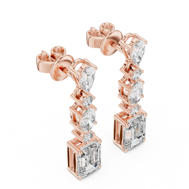 Pair-Shot: Emerald Cut Diamond Earrings with Prong Setting in 14k Rose Gold - Lab Grown - Driona Jewels