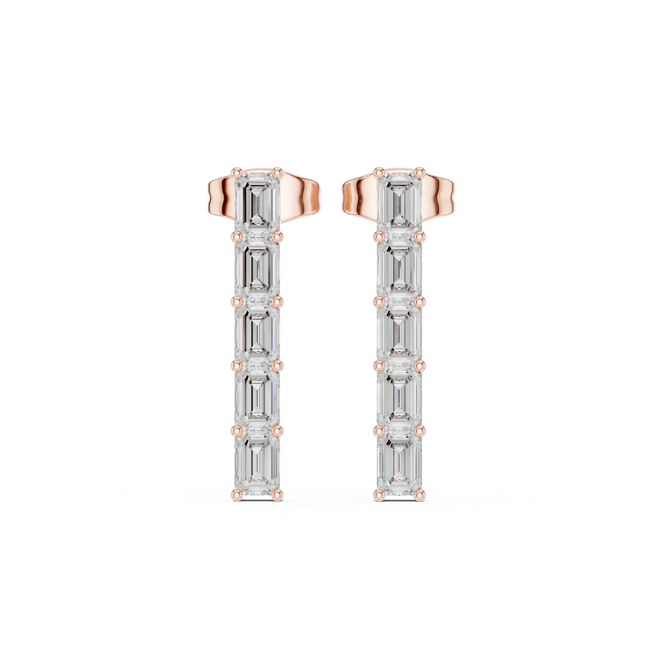 Pair-Shot: Emerald Cut Diamond Earrings with Prong Setting in 14k Rose Gold - Lab Grown - Driona Jewels
