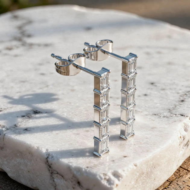 Pair Shot: Emerald Cut Diamond Earrings with Prong Setting in 14k White Gold - Lab Grown - Driona Jewels