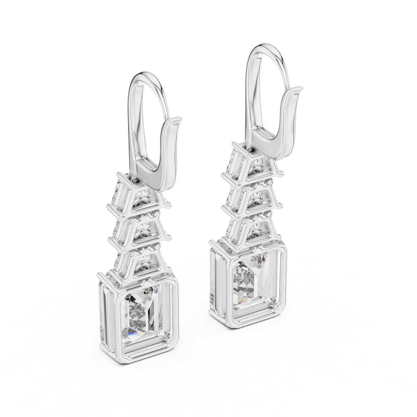 Pair-Shot: Emerald Cut Diamond Earrings with Prong Setting in 14k White Gold - Lab Grown - Driona Jewels
