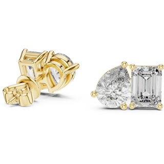 Pair Shot: Emerald Cut Diamond Earrings with Prong Setting in 14k Yellow Gold - Lab Grown - Driona Jewels