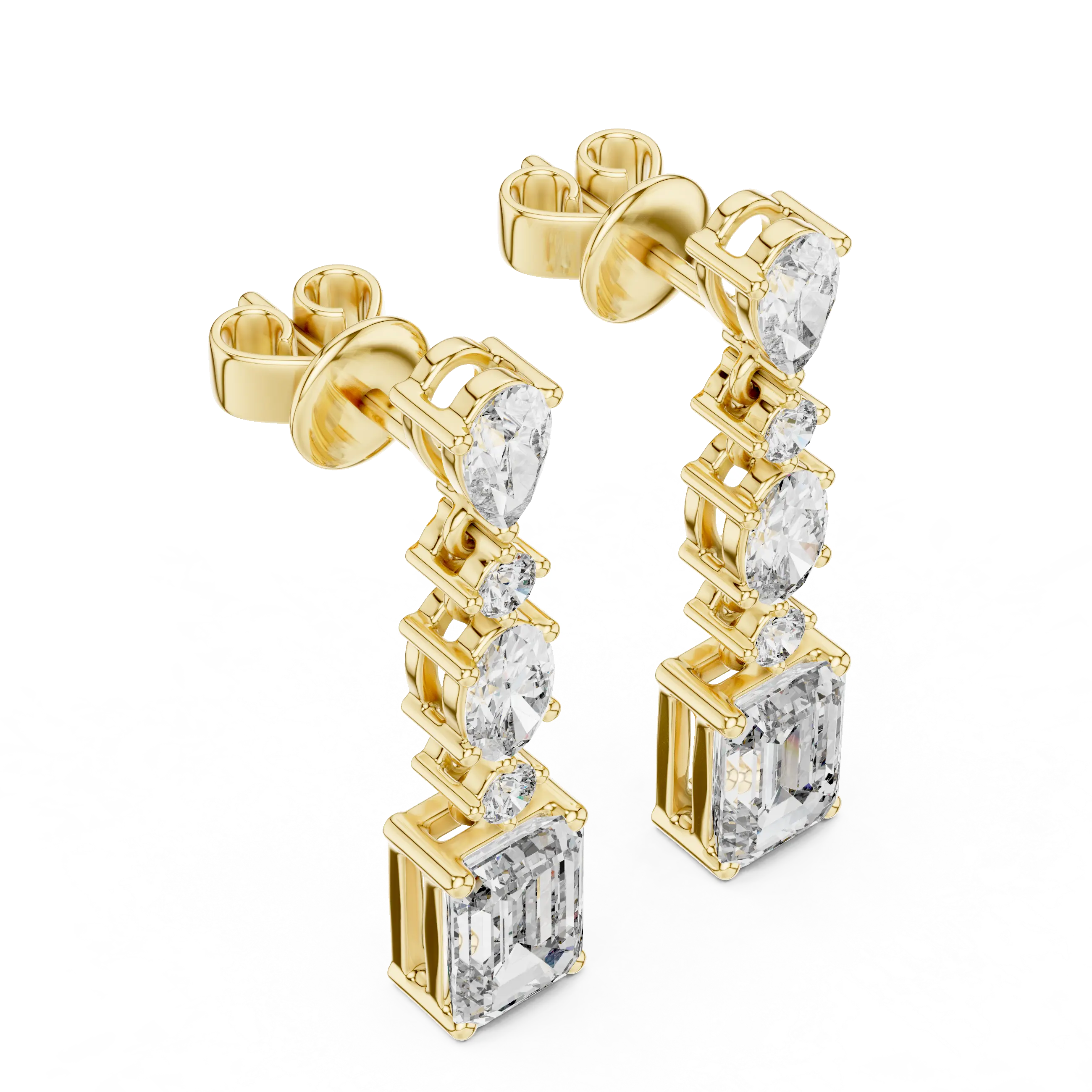Pair-Shot: Emerald Cut Diamond Earrings with Prong Setting in 14k Yellow Gold - Lab Grown - Driona Jewels