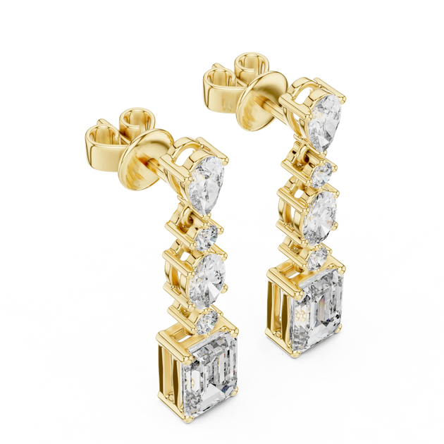 Pair-Shot: Emerald Cut Diamond Earrings with Prong Setting in 14k Yellow Gold - Lab Grown - Driona Jewels
