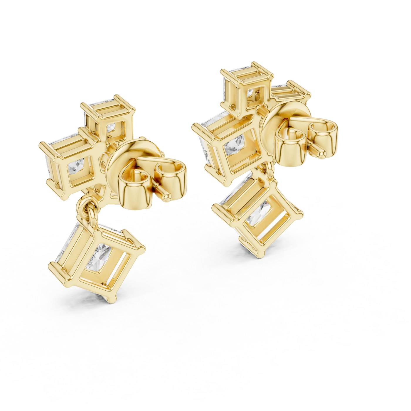 Pair-shot: Emerald Cut Diamond Earrings with Prong Setting in 14k Yellow Gold - Lab Grown - Driona Jewels
