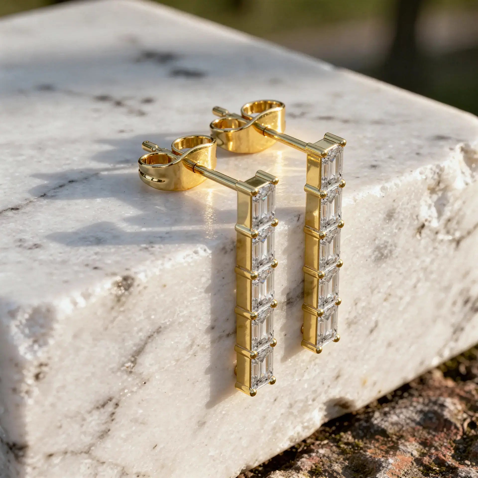 Pair Shot: Emerald Cut Diamond Earrings with Prong Setting in 14k Yellow Gold - Lab Grown - Driona Jewels