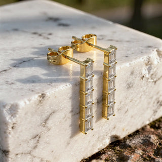 Pair Shot: Emerald Cut Diamond Earrings with Prong Setting in 14k Yellow Gold - Lab Grown - Driona Jewels