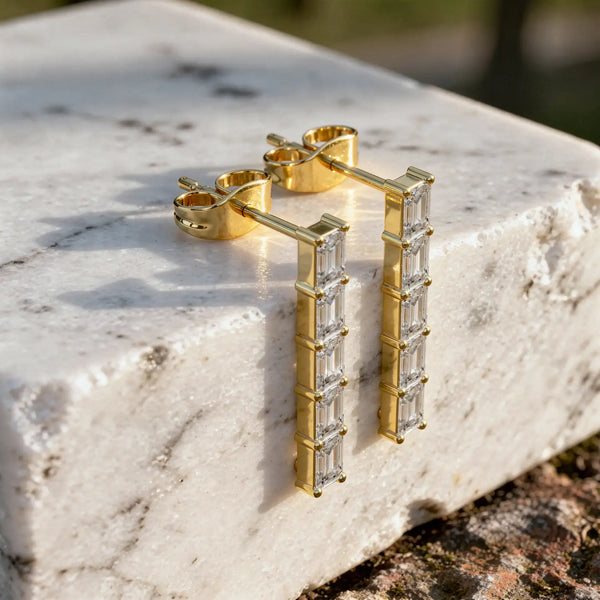 Pair Shot: Emerald Cut Diamond Earrings with Prong Setting in 14k Yellow Gold - Lab Grown - Driona Jewels