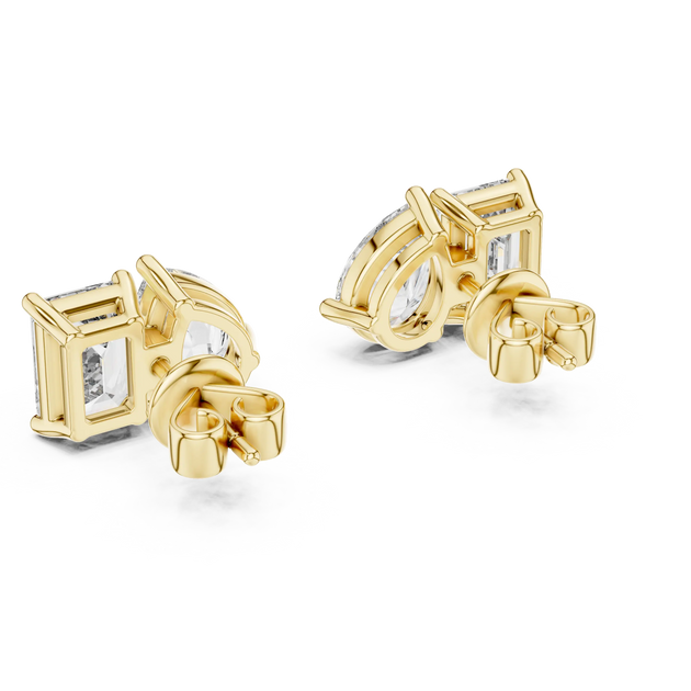 Pair Shot: Emerald Cut Diamond Earrings with Prong Setting in 14k Yellow Gold - Lab Grown - Driona Jewels