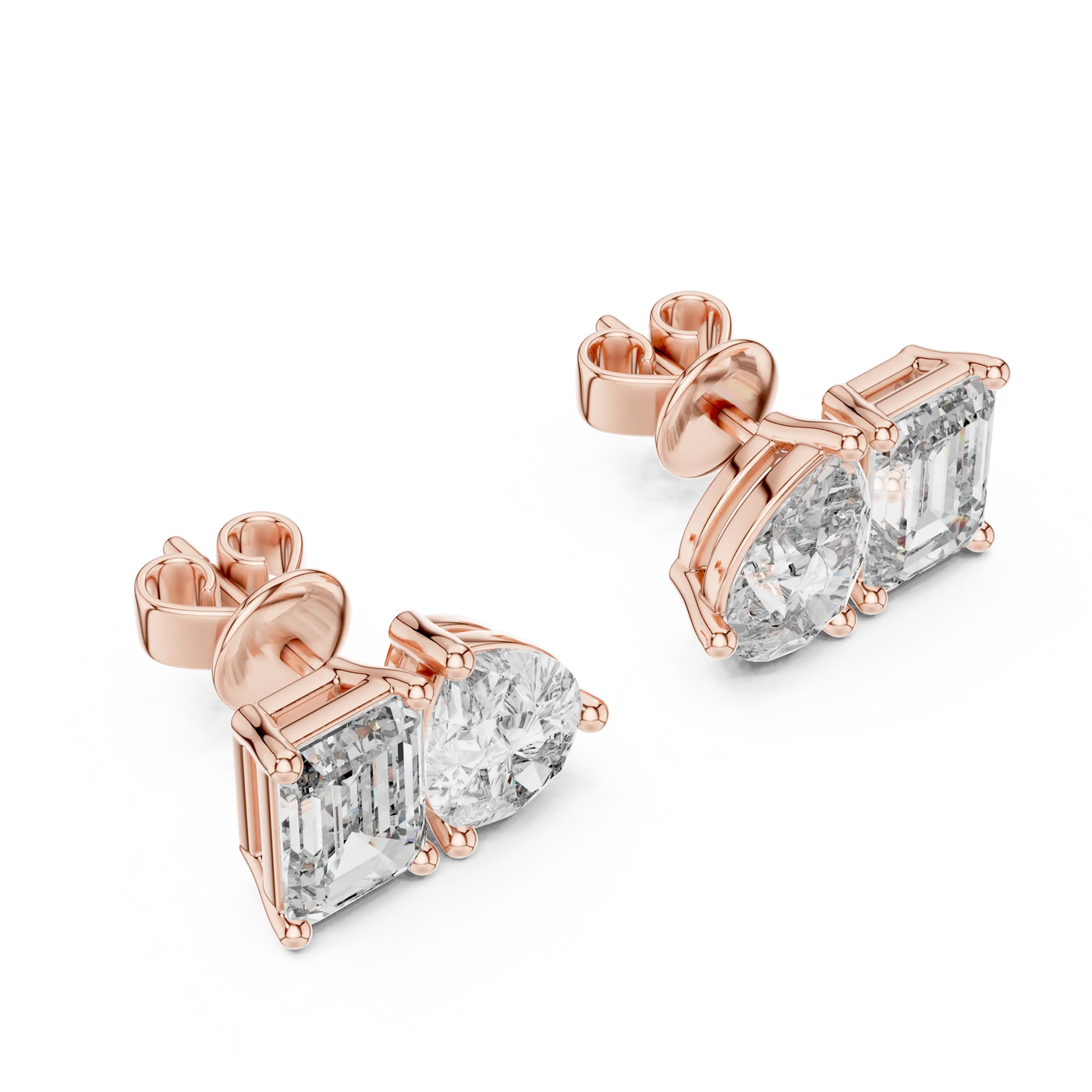 Pair-Shot: Emerald Cut Diamond Earrings with Stud Setting in 14k Rose Gold - Lab Grown - Driona Jewels