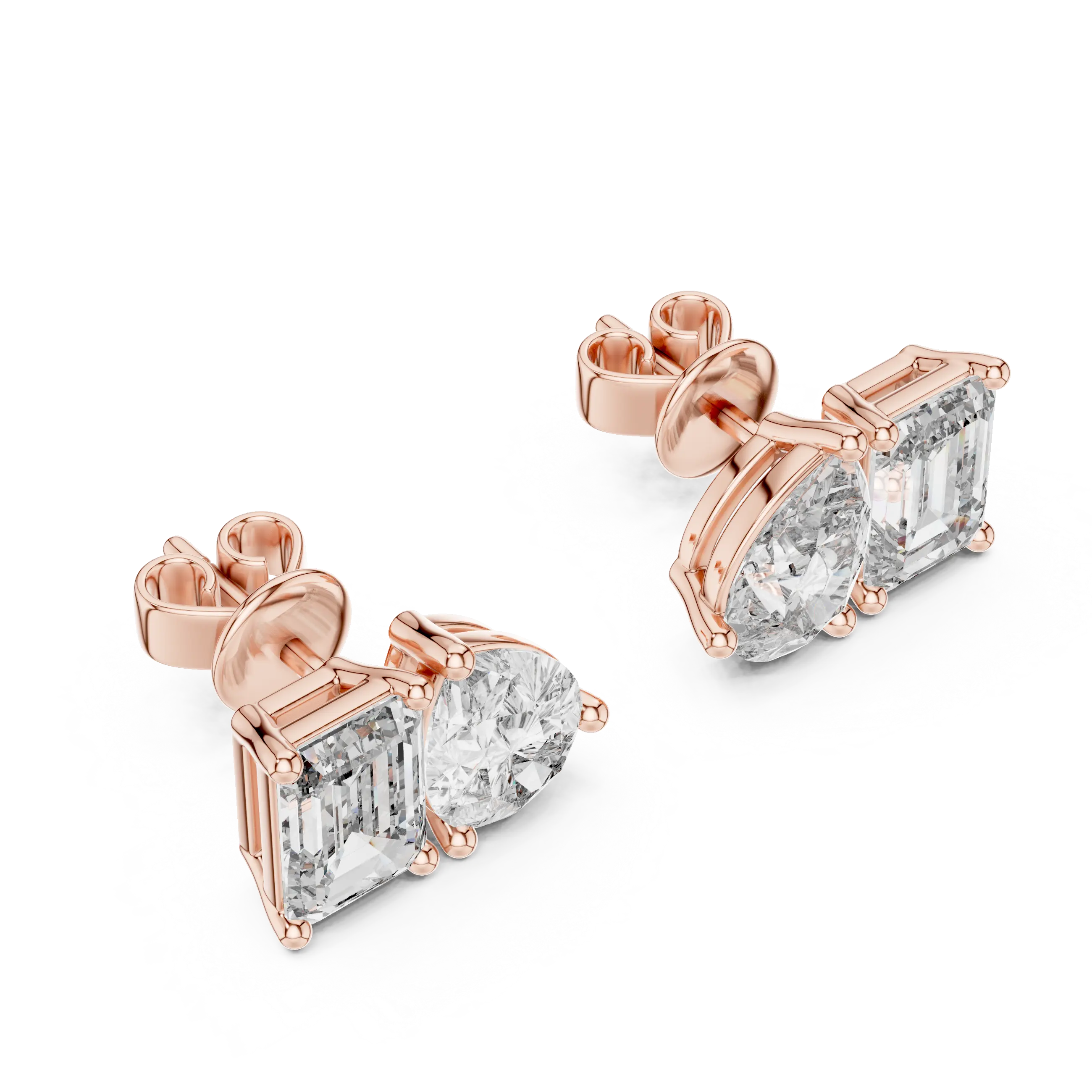 Pair-Shot: Emerald Cut Diamond Earrings with Stud Setting in 14k Rose Gold - Lab Grown - Driona Jewels