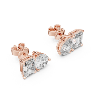 Pair-Shot: Emerald Cut Diamond Earrings with Stud Setting in 14k Rose Gold - Lab Grown - Driona Jewels