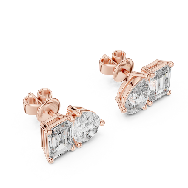 Pair-Shot: Emerald Cut Diamond Earrings with Stud Setting in 14k Rose Gold - Lab Grown - Driona Jewels
