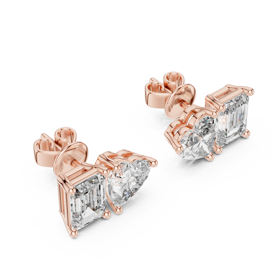 Pair-Shot: Emerald Cut Diamond Earrings with Stud Setting in 14k Rose Gold - Lab Grown - Driona Jewels