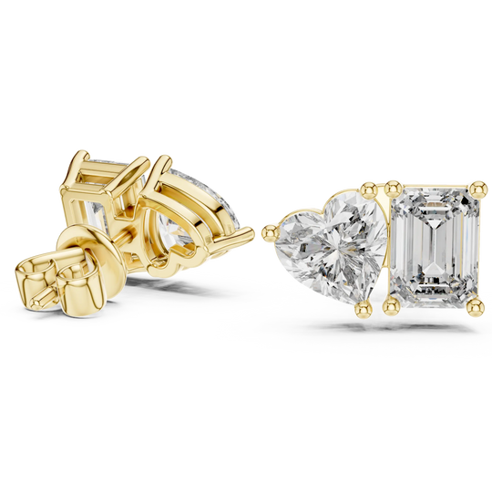 Pair-Shot: Emerald Cut Diamond Earrings with Stud Setting in 14k Yellow Gold - Lab Grown - Driona Jewels